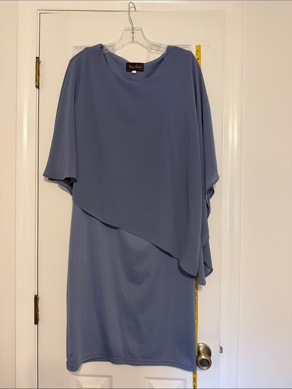 Flowing Slate Blue Midi Dress with Asymmetric Overlay
